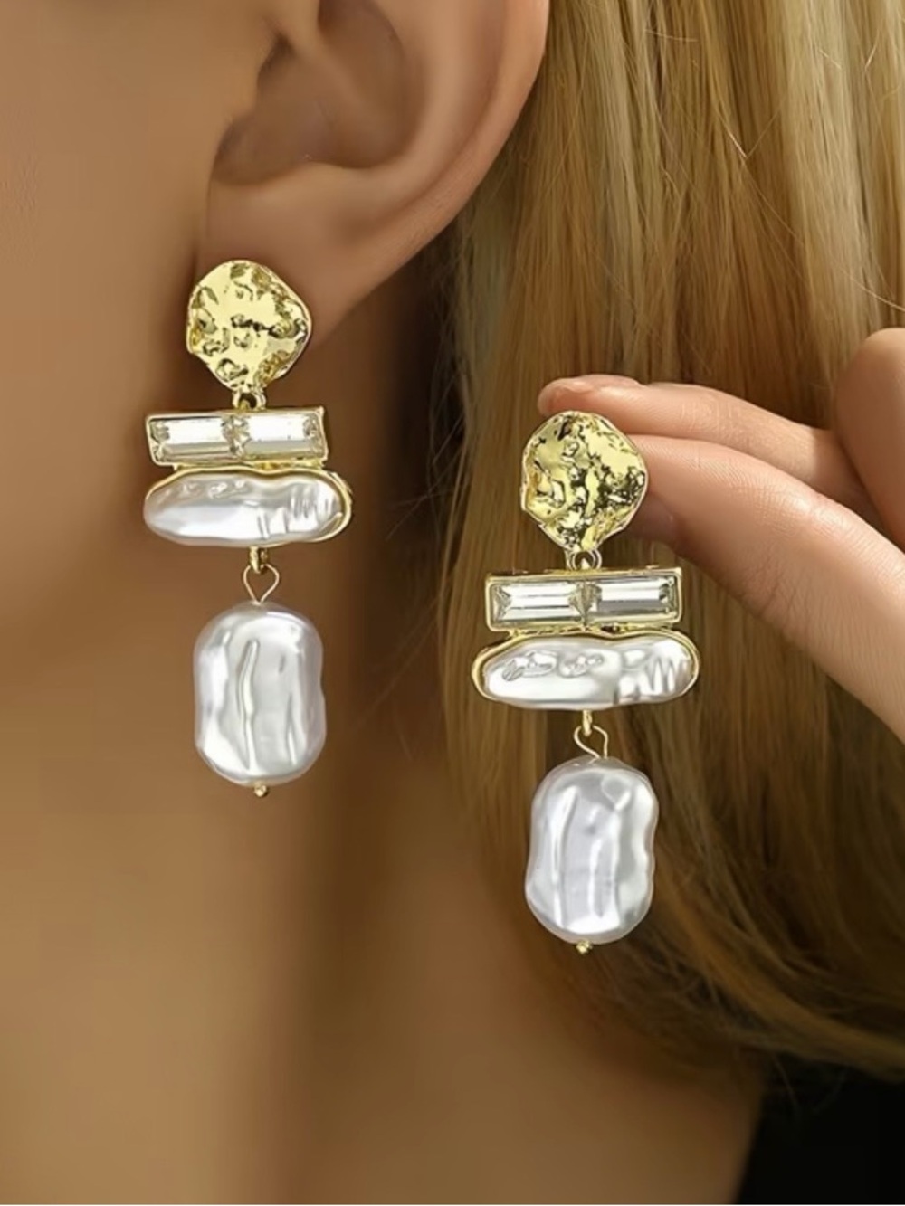 14k Gold Plated White Pearl Baroque Tier Drop Earrings - Elegant Women Jewelry